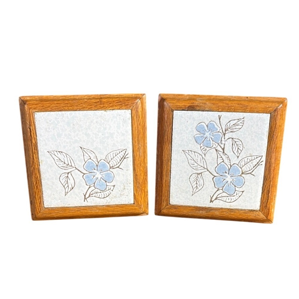 Vintage Set of 2 Wooden Framed Ceramic Floral Tile Trivet Art Cottage Core 5.75"